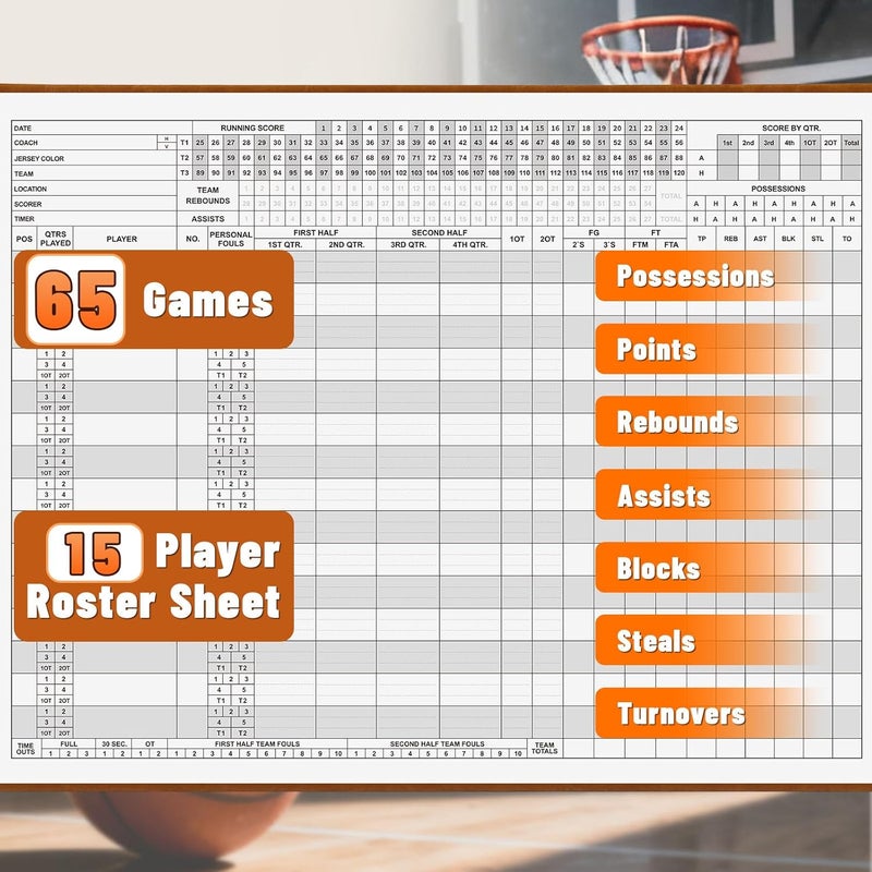 HIGHRAZON Premium Basketball Scorebook, 65 Games 15 Player Slots Basketball Score Book, 13" x 11" Hard Cover Score Keeping Book for Stats, for Coach, Family, Fan - Image 5
